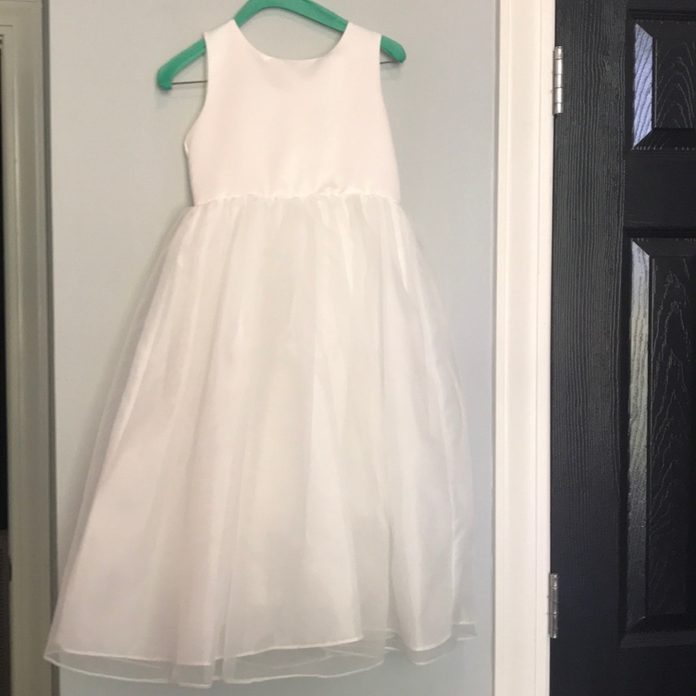 Ivory, tea-length flower girl dress with 2 belts
